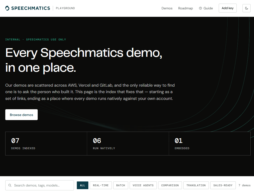 Preview of Speechmatics playground catalogue page